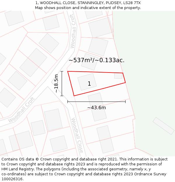 1, WOODHALL CLOSE, STANNINGLEY, PUDSEY, LS28 7TX: Plot and title map
