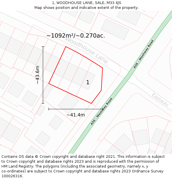 1, WOODHOUSE LANE, SALE, M33 4JS: Plot and title map