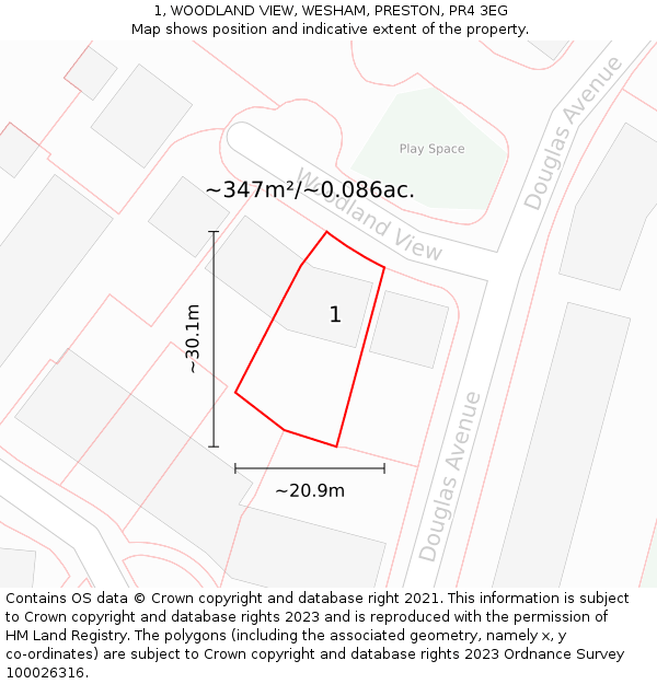 1, WOODLAND VIEW, WESHAM, PRESTON, PR4 3EG: Plot and title map