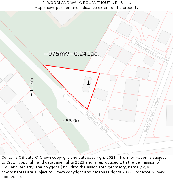1, WOODLAND WALK, BOURNEMOUTH, BH5 1LU: Plot and title map