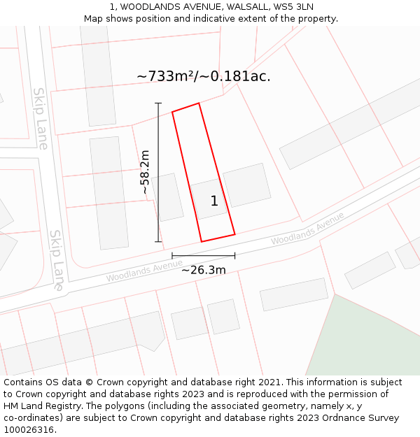 1, WOODLANDS AVENUE, WALSALL, WS5 3LN: Plot and title map