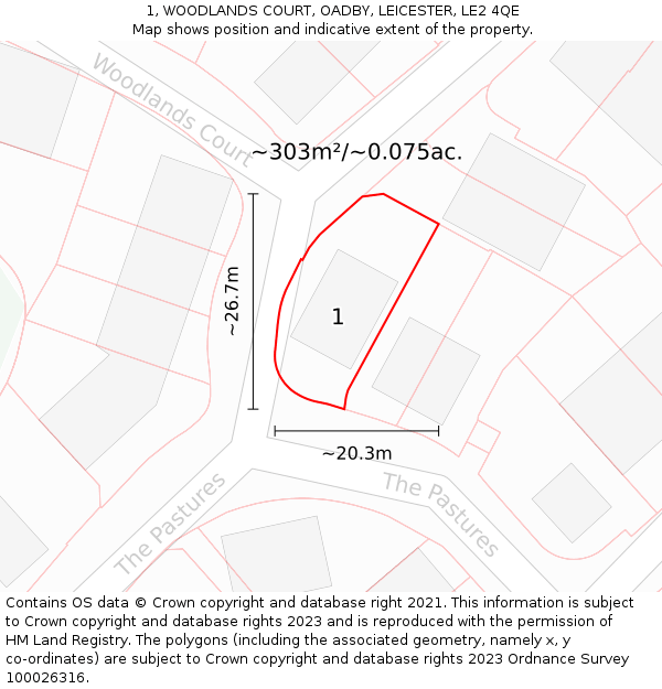 1, WOODLANDS COURT, OADBY, LEICESTER, LE2 4QE: Plot and title map