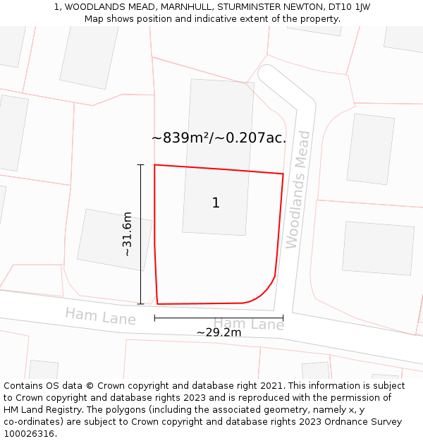 1, WOODLANDS MEAD, MARNHULL, STURMINSTER NEWTON, DT10 1JW: Plot and title map