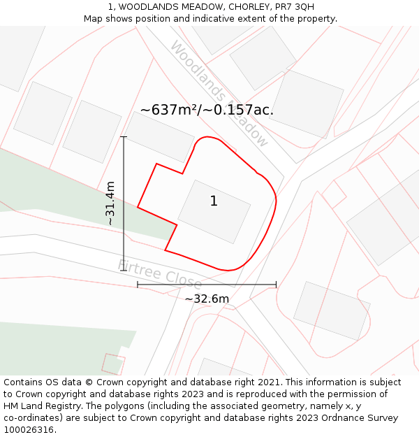 1, WOODLANDS MEADOW, CHORLEY, PR7 3QH: Plot and title map