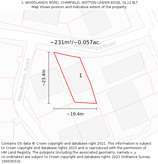 1, WOODLANDS ROAD, CHARFIELD, WOTTON-UNDER-EDGE, GL12 8LT: Plot and title map