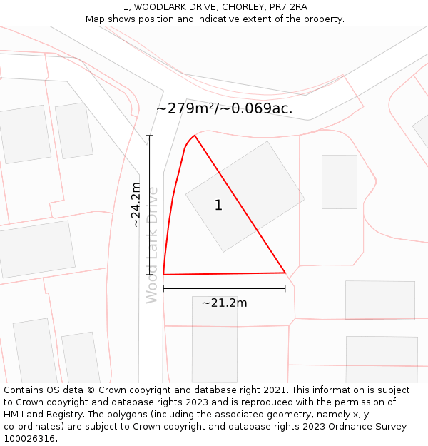 1, WOODLARK DRIVE, CHORLEY, PR7 2RA: Plot and title map
