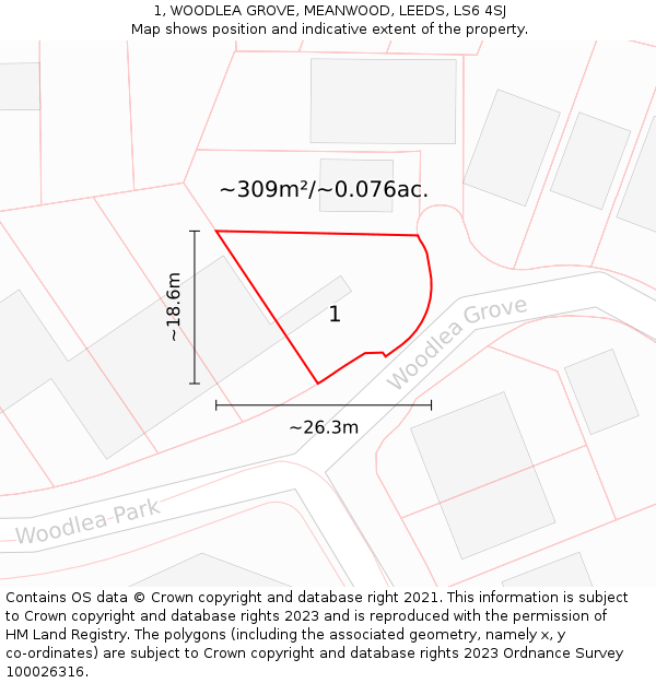 1, WOODLEA GROVE, MEANWOOD, LEEDS, LS6 4SJ: Plot and title map
