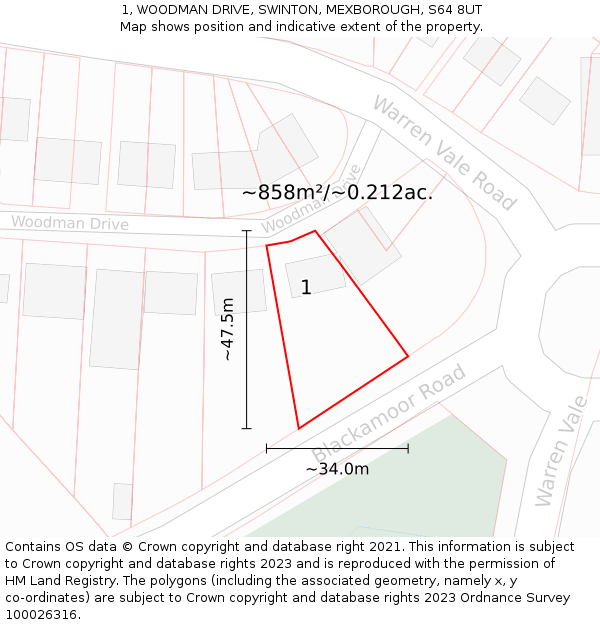 1, WOODMAN DRIVE, SWINTON, MEXBOROUGH, S64 8UT: Plot and title map