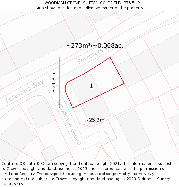 1, WOODMAN GROVE, SUTTON COLDFIELD, B75 5UP: Plot and title map