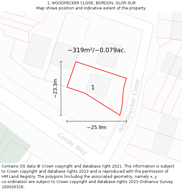 1, WOODPECKER CLOSE, BORDON, GU35 0UR: Plot and title map