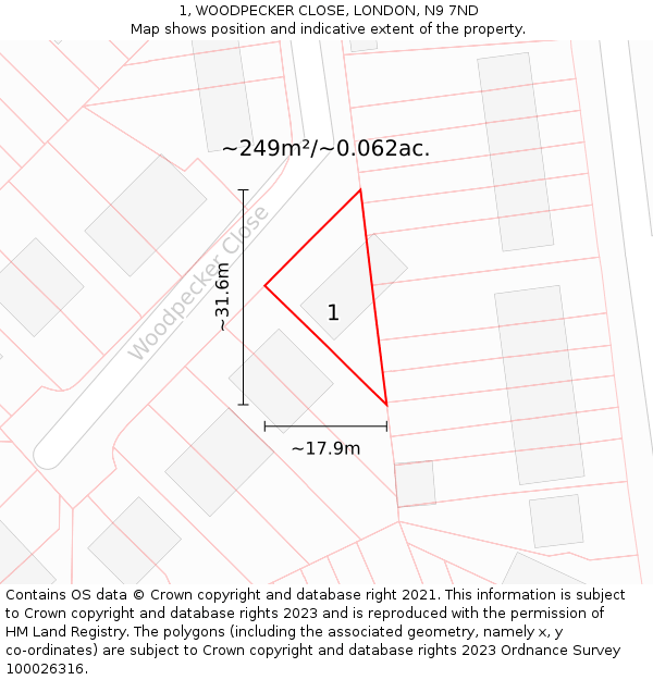 1, WOODPECKER CLOSE, LONDON, N9 7ND: Plot and title map