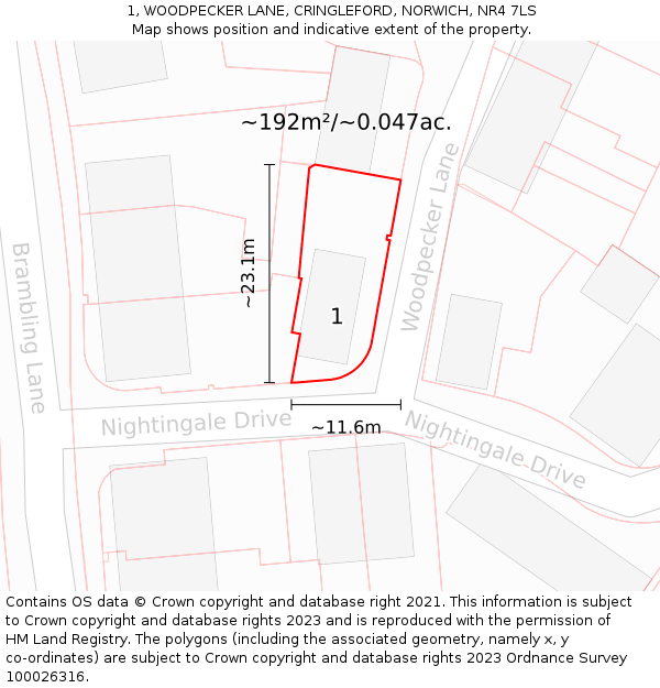 1, WOODPECKER LANE, CRINGLEFORD, NORWICH, NR4 7LS: Plot and title map