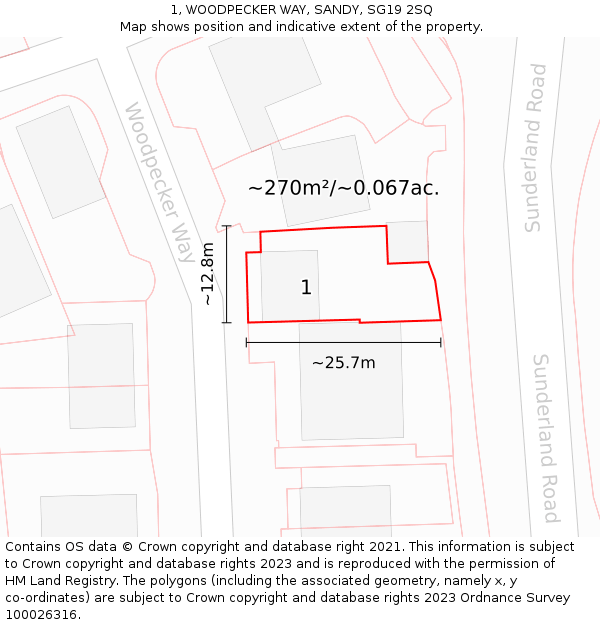 1, WOODPECKER WAY, SANDY, SG19 2SQ: Plot and title map