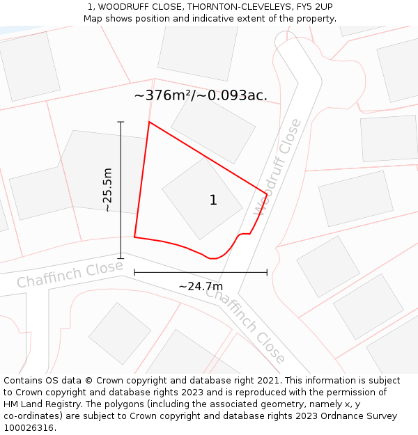 1, WOODRUFF CLOSE, THORNTON-CLEVELEYS, FY5 2UP: Plot and title map