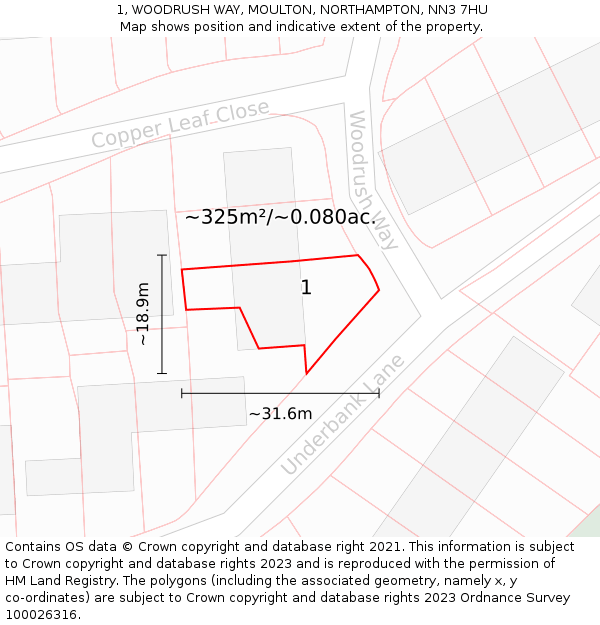 1, WOODRUSH WAY, MOULTON, NORTHAMPTON, NN3 7HU: Plot and title map