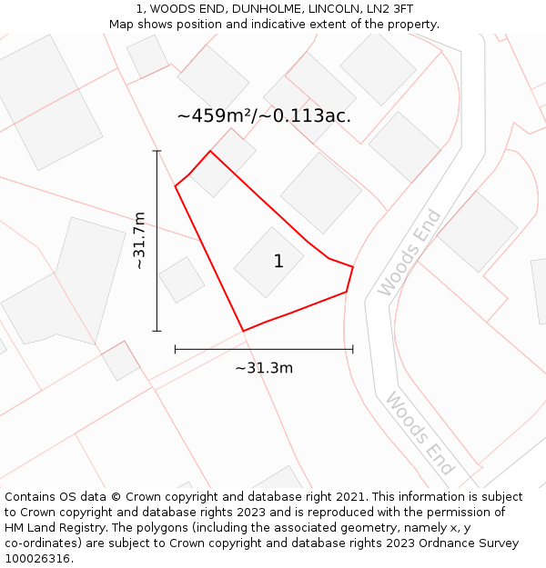 1, WOODS END, DUNHOLME, LINCOLN, LN2 3FT: Plot and title map