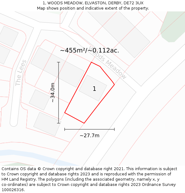1, WOODS MEADOW, ELVASTON, DERBY, DE72 3UX: Plot and title map