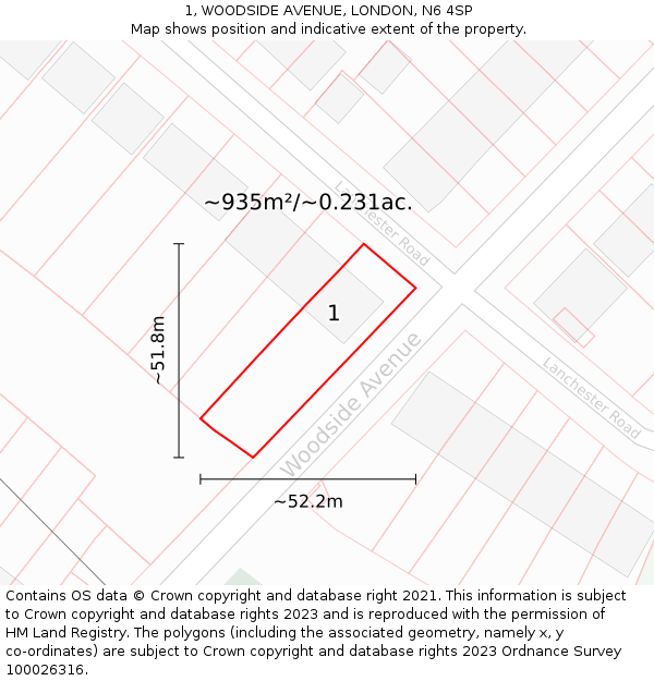 1, WOODSIDE AVENUE, LONDON, N6 4SP: Plot and title map
