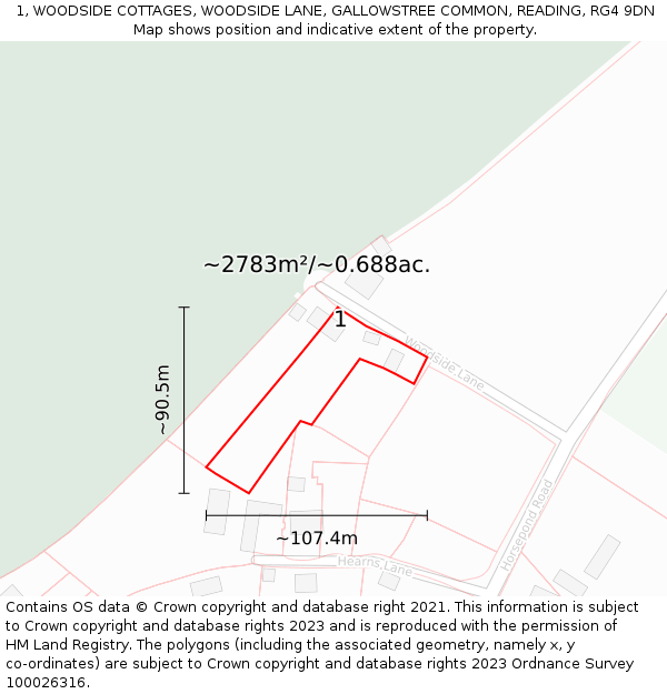 1, WOODSIDE COTTAGES, WOODSIDE LANE, GALLOWSTREE COMMON, READING, RG4 9DN: Plot and title map