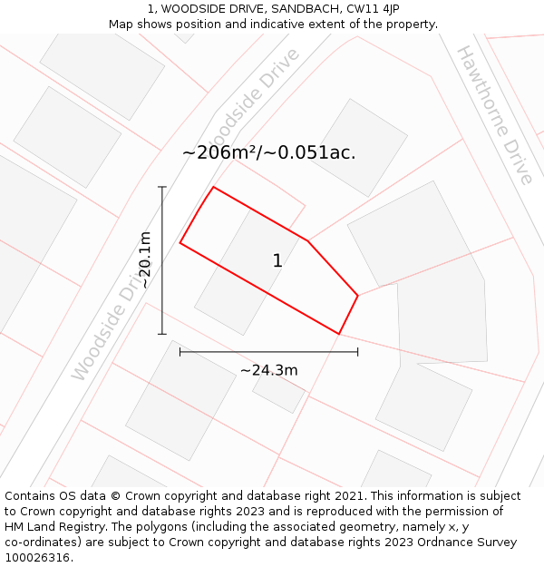 1, WOODSIDE DRIVE, SANDBACH, CW11 4JP: Plot and title map