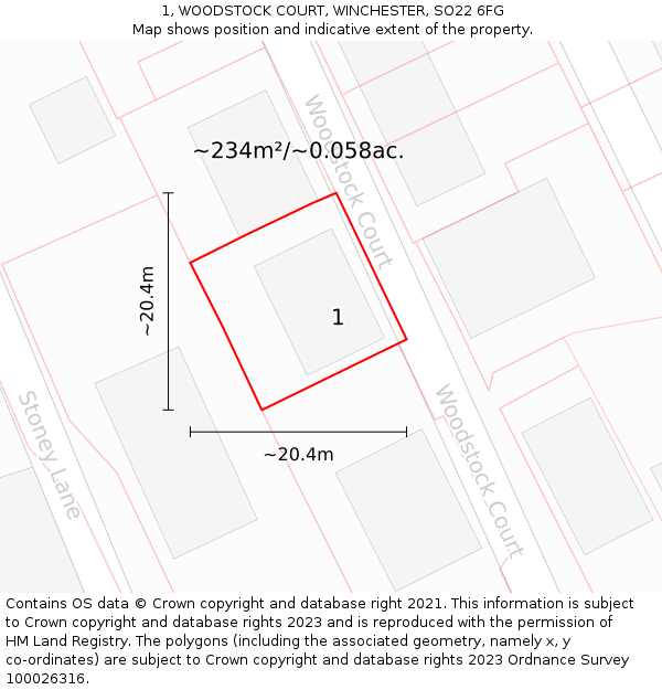 1, WOODSTOCK COURT, WINCHESTER, SO22 6FG: Plot and title map