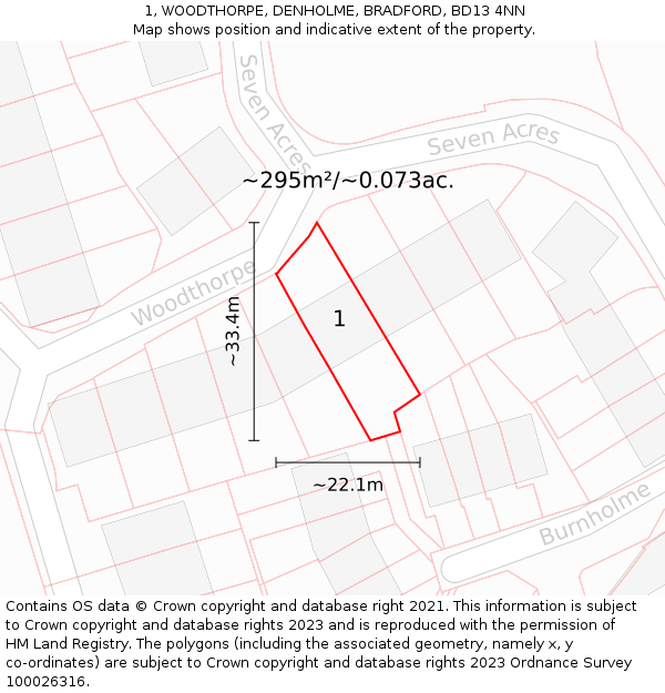 1, WOODTHORPE, DENHOLME, BRADFORD, BD13 4NN: Plot and title map