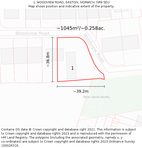 1, WOODVIEW ROAD, EASTON, NORWICH, NR9 5EU: Plot and title map