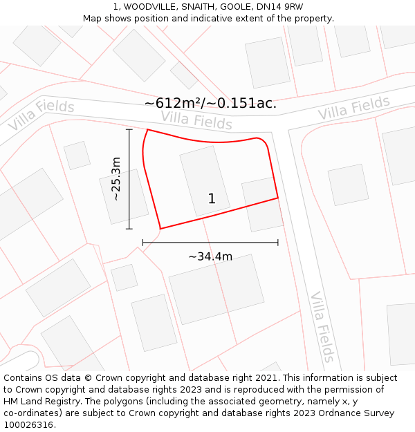 1, WOODVILLE, SNAITH, GOOLE, DN14 9RW: Plot and title map
