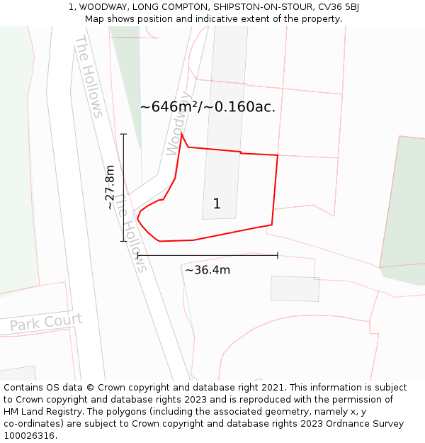 1, WOODWAY, LONG COMPTON, SHIPSTON-ON-STOUR, CV36 5BJ: Plot and title map