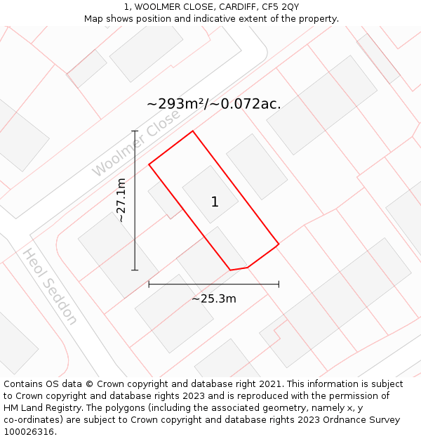 1, WOOLMER CLOSE, CARDIFF, CF5 2QY: Plot and title map