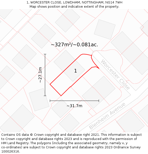 1, WORCESTER CLOSE, LOWDHAM, NOTTINGHAM, NG14 7WH: Plot and title map