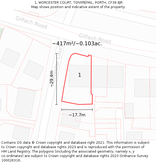1, WORCESTER COURT, TONYREFAIL, PORTH, CF39 8JR: Plot and title map