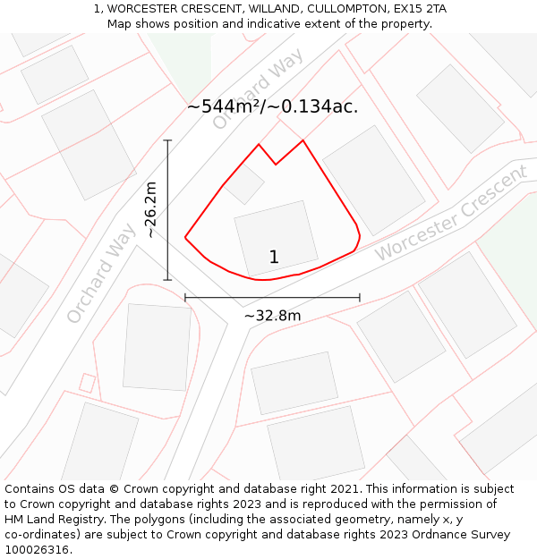1, WORCESTER CRESCENT, WILLAND, CULLOMPTON, EX15 2TA: Plot and title map