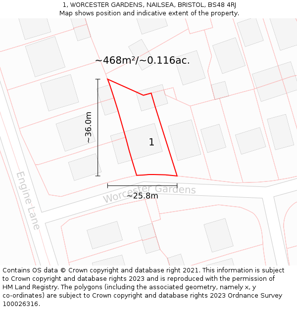 1, WORCESTER GARDENS, NAILSEA, BRISTOL, BS48 4RJ: Plot and title map