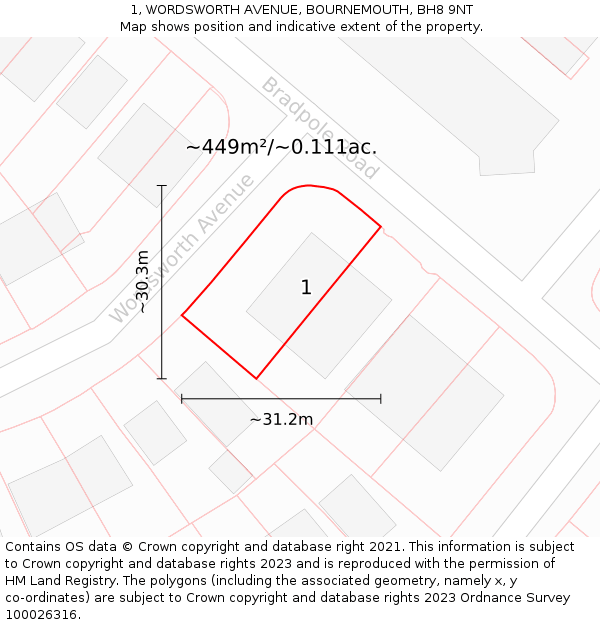 1, WORDSWORTH AVENUE, BOURNEMOUTH, BH8 9NT: Plot and title map