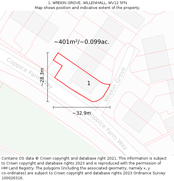 1, WREKIN GROVE, WILLENHALL, WV12 5FN: Plot and title map