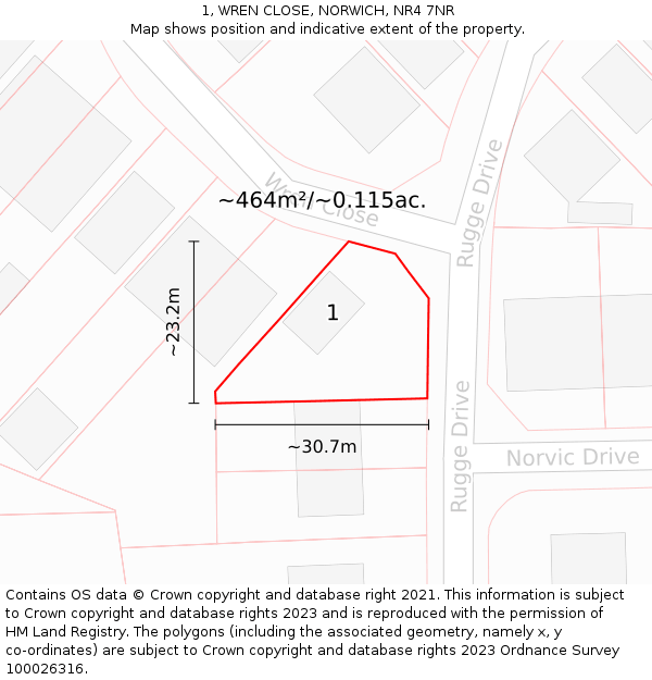 1, WREN CLOSE, NORWICH, NR4 7NR: Plot and title map