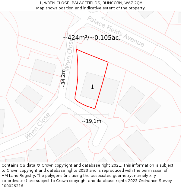 1, WREN CLOSE, PALACEFIELDS, RUNCORN, WA7 2QA: Plot and title map