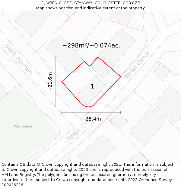 1, WREN CLOSE, STANWAY, COLCHESTER, CO3 8ZB: Plot and title map