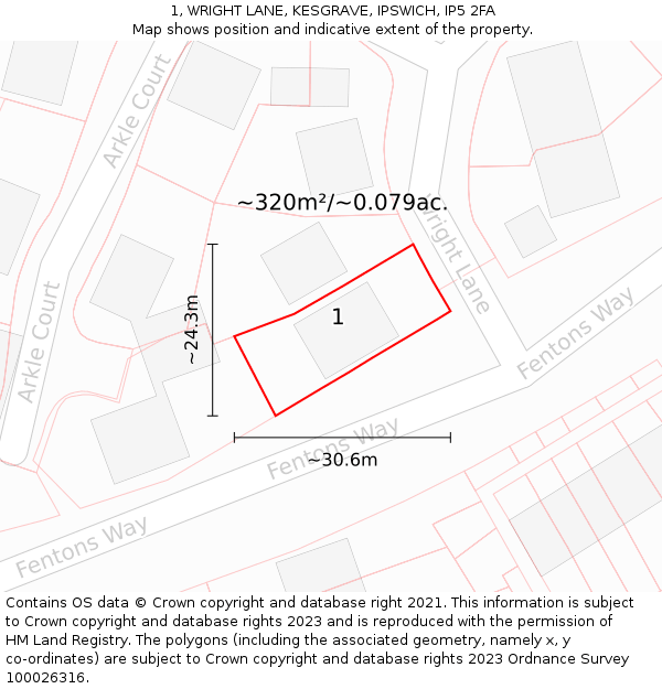 1, WRIGHT LANE, KESGRAVE, IPSWICH, IP5 2FA: Plot and title map