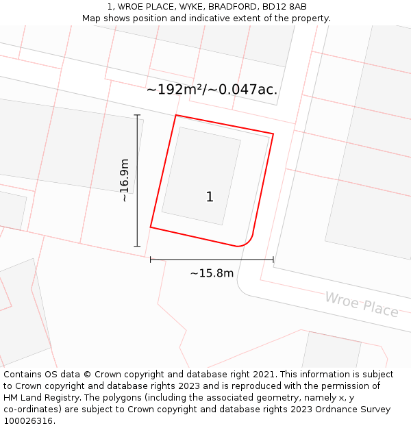 1, WROE PLACE, WYKE, BRADFORD, BD12 8AB: Plot and title map