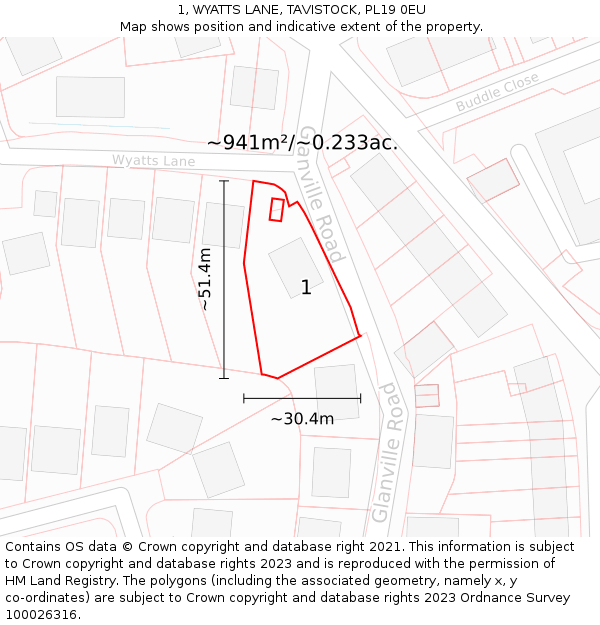 1, WYATTS LANE, TAVISTOCK, PL19 0EU: Plot and title map