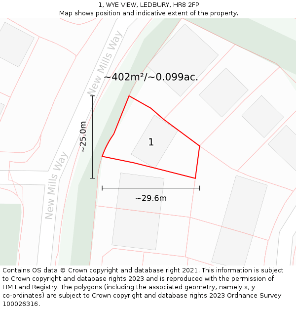 1, WYE VIEW, LEDBURY, HR8 2FP: Plot and title map