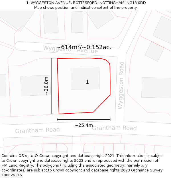 1, WYGGESTON AVENUE, BOTTESFORD, NOTTINGHAM, NG13 0DD: Plot and title map