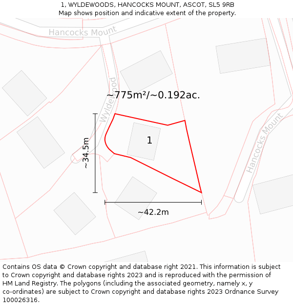 1, WYLDEWOODS, HANCOCKS MOUNT, ASCOT, SL5 9RB: Plot and title map