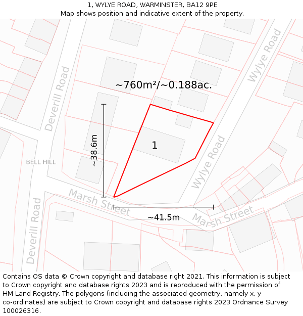 1, WYLYE ROAD, WARMINSTER, BA12 9PE: Plot and title map