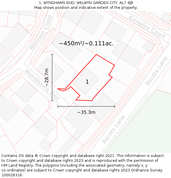1, WYNDHAMS END, WELWYN GARDEN CITY, AL7 4JB: Plot and title map