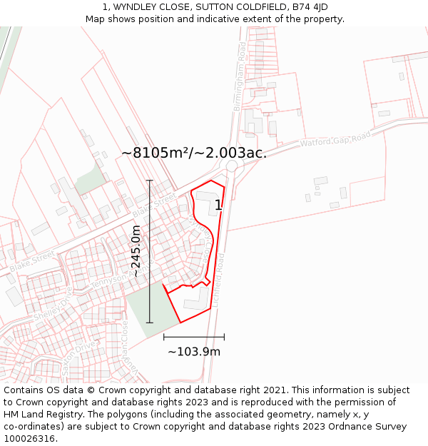 1, WYNDLEY CLOSE, SUTTON COLDFIELD, B74 4JD: Plot and title map