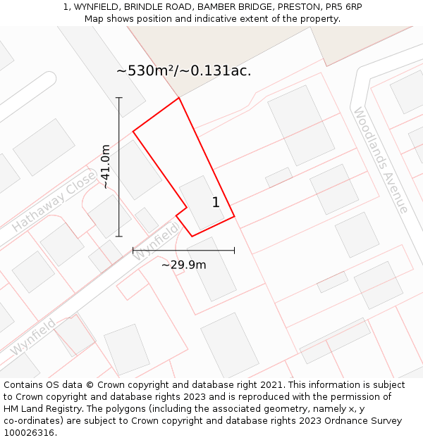 1, WYNFIELD, BRINDLE ROAD, BAMBER BRIDGE, PRESTON, PR5 6RP: Plot and title map