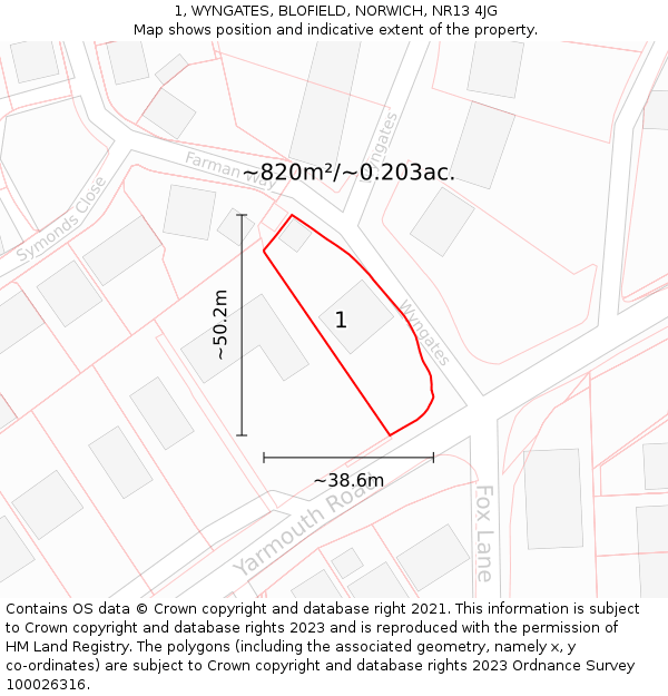 1, WYNGATES, BLOFIELD, NORWICH, NR13 4JG: Plot and title map